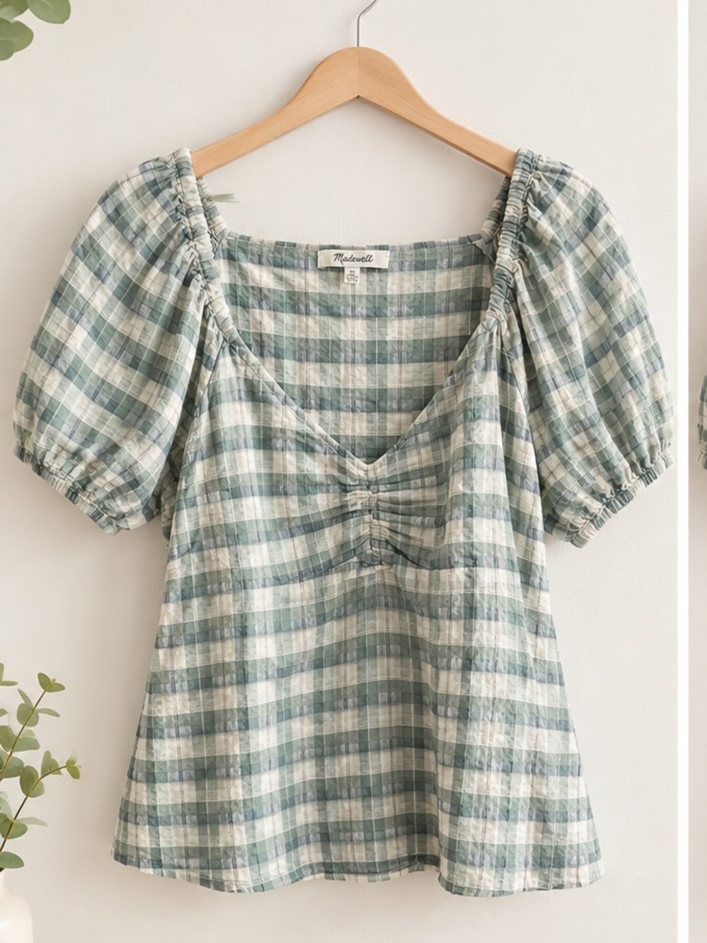 Madewell Sage Green and White Plaid Puff Sleeve Top
